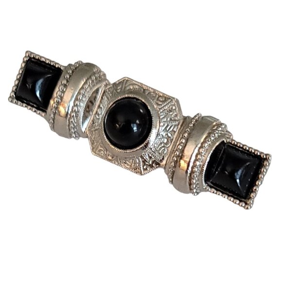 1928 Brand Silver Tone Black Lucite Cab Bar Pin Brooch K79 - Picture 2 of 8